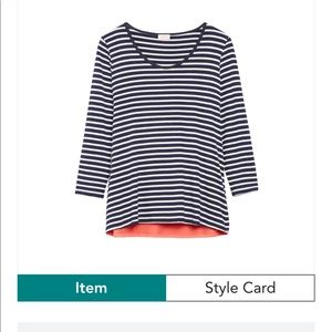 Pixley XL top from Stitch Fix navy and white stripe with coral/orange inset back